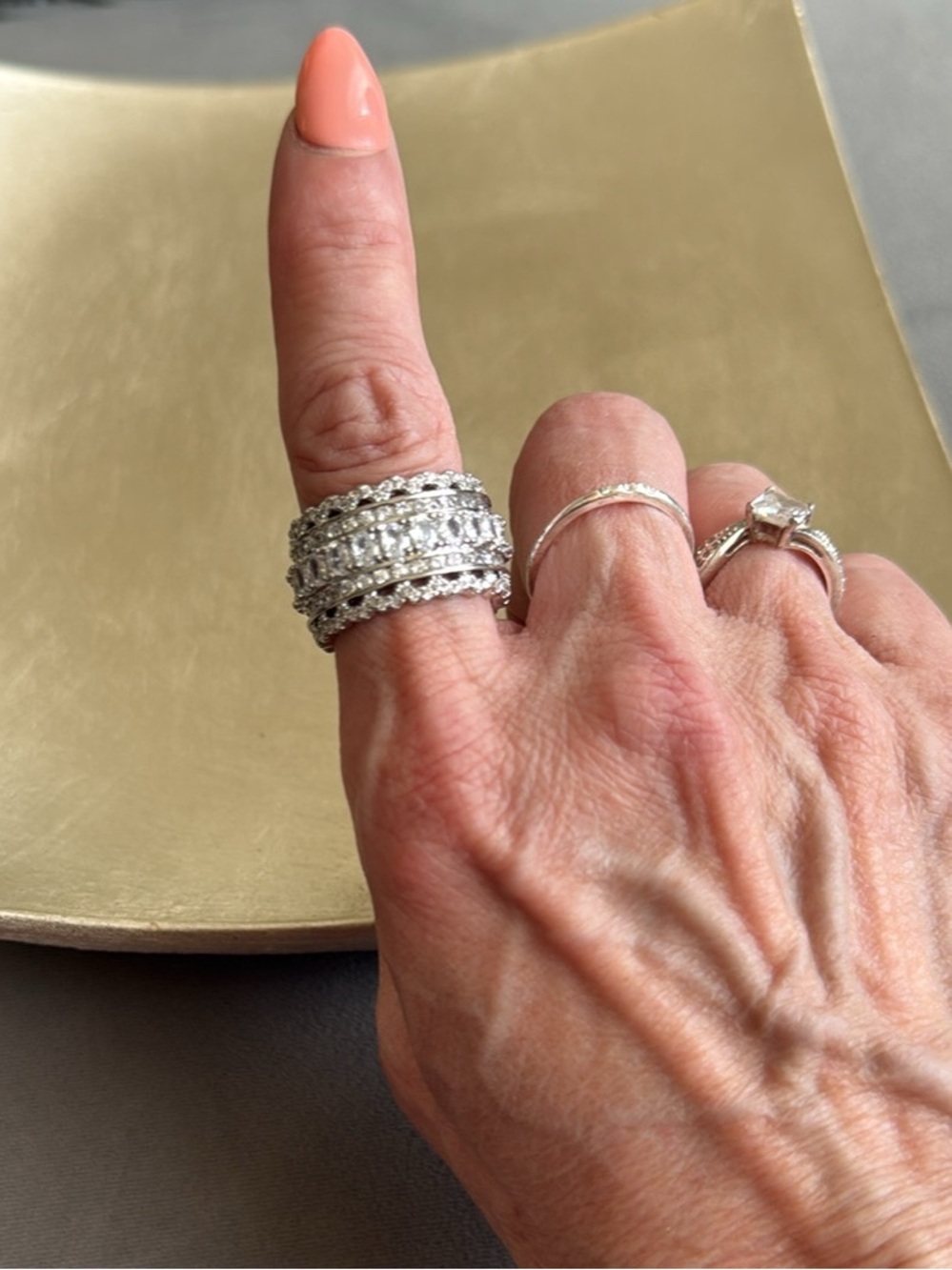 Gorgeous Silver Tone Multi-Row CZ Wide Band Ring - White Size 9 Anniversary Gift